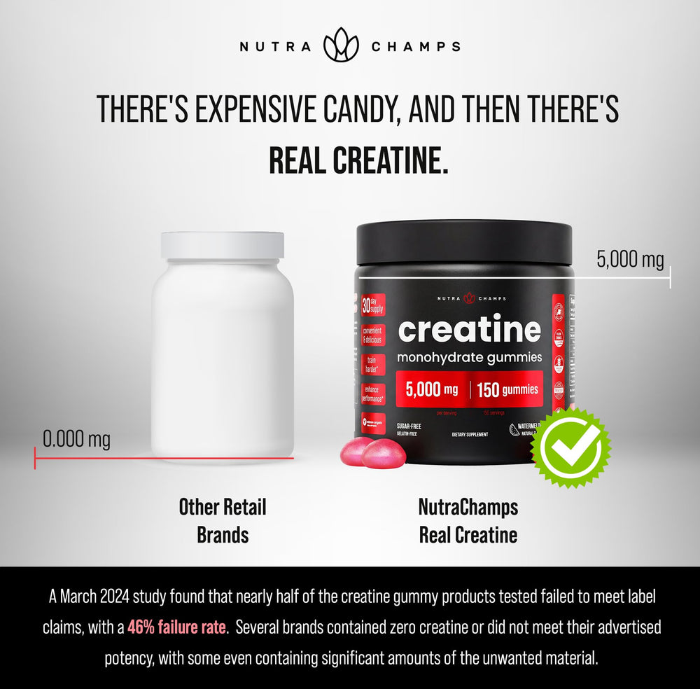 Etiqueta de ingredientes NutraChamps mostrando creatina y certificación