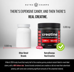 Etiqueta de ingredientes NutraChamps mostrando creatina y certificación