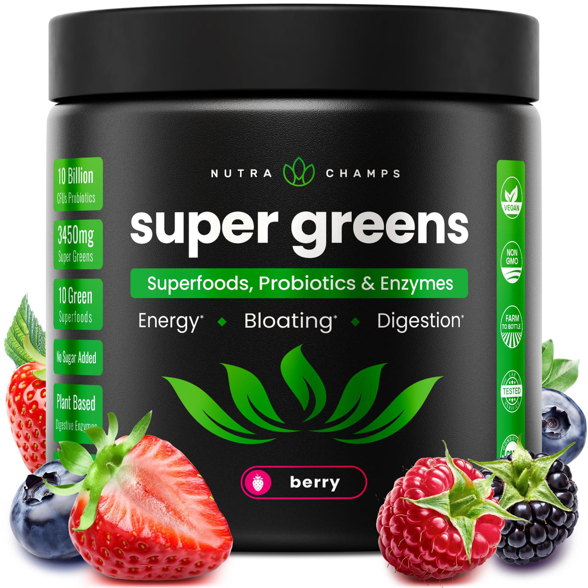 NutraChamps frasco frontal mostrando etiqueta y beneficios visibles