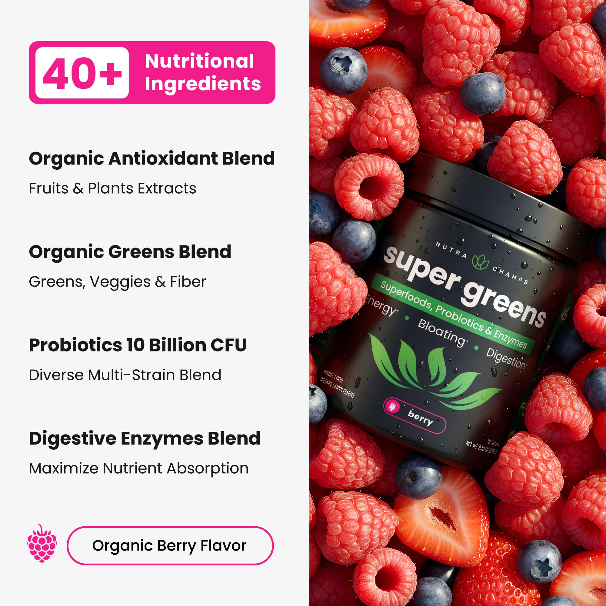 NutraChamps etiqueta de ingredientes orgánicos y listas claras
