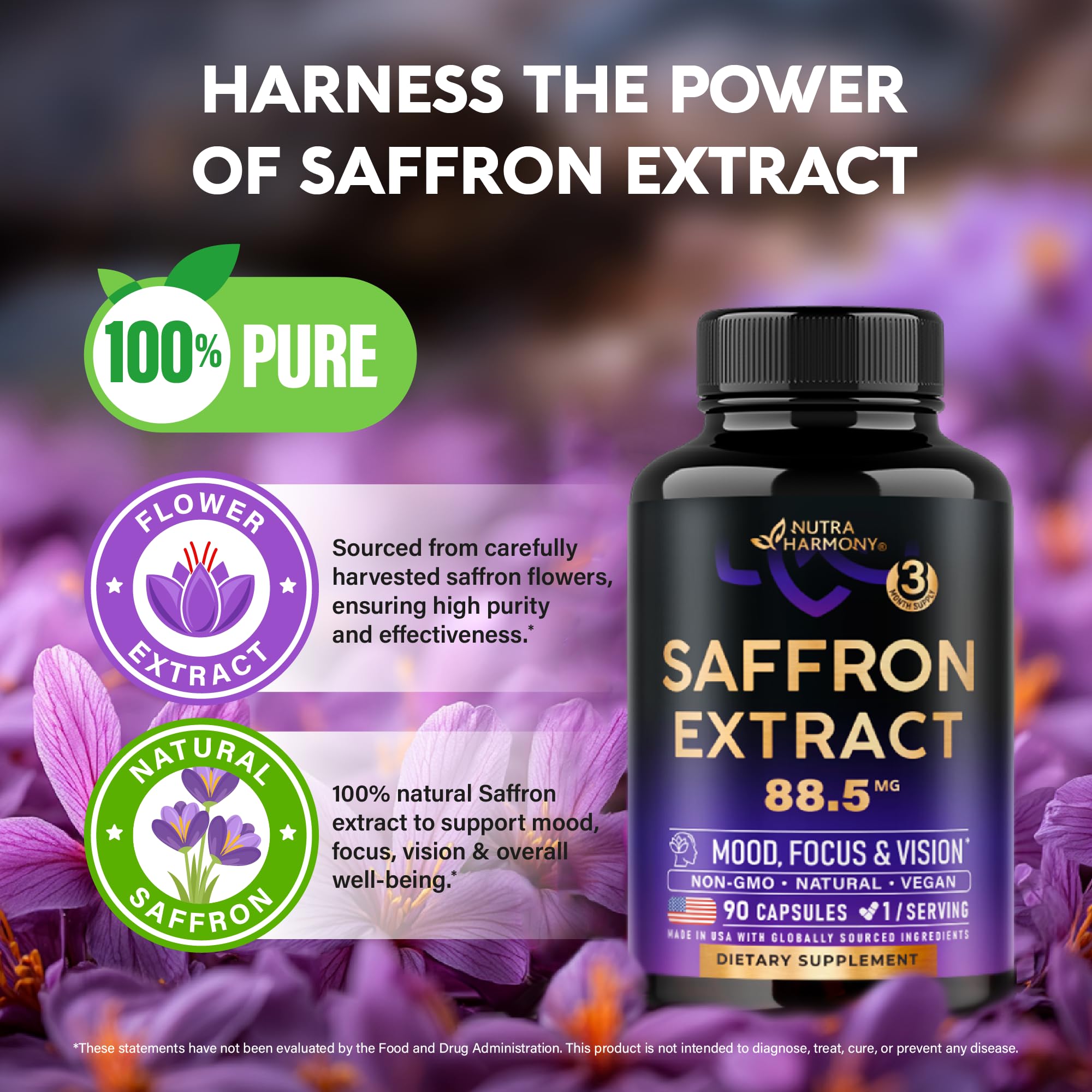 NUTRAHARMONY polvo de extracto de azafrán sobre fondo claro beneficios