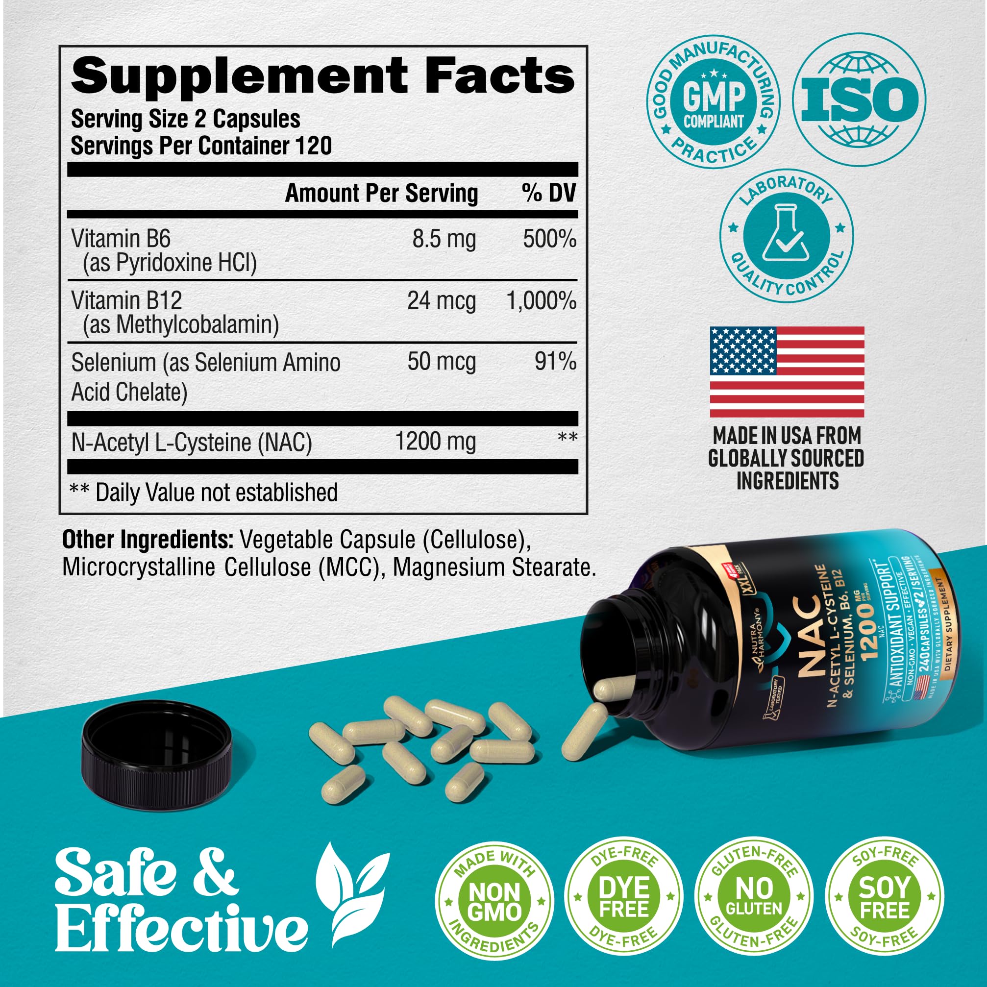 Cápsulas NUTRAHARMONY alineadas junto al frasco y guía de dosificación, apoyo para uso diario