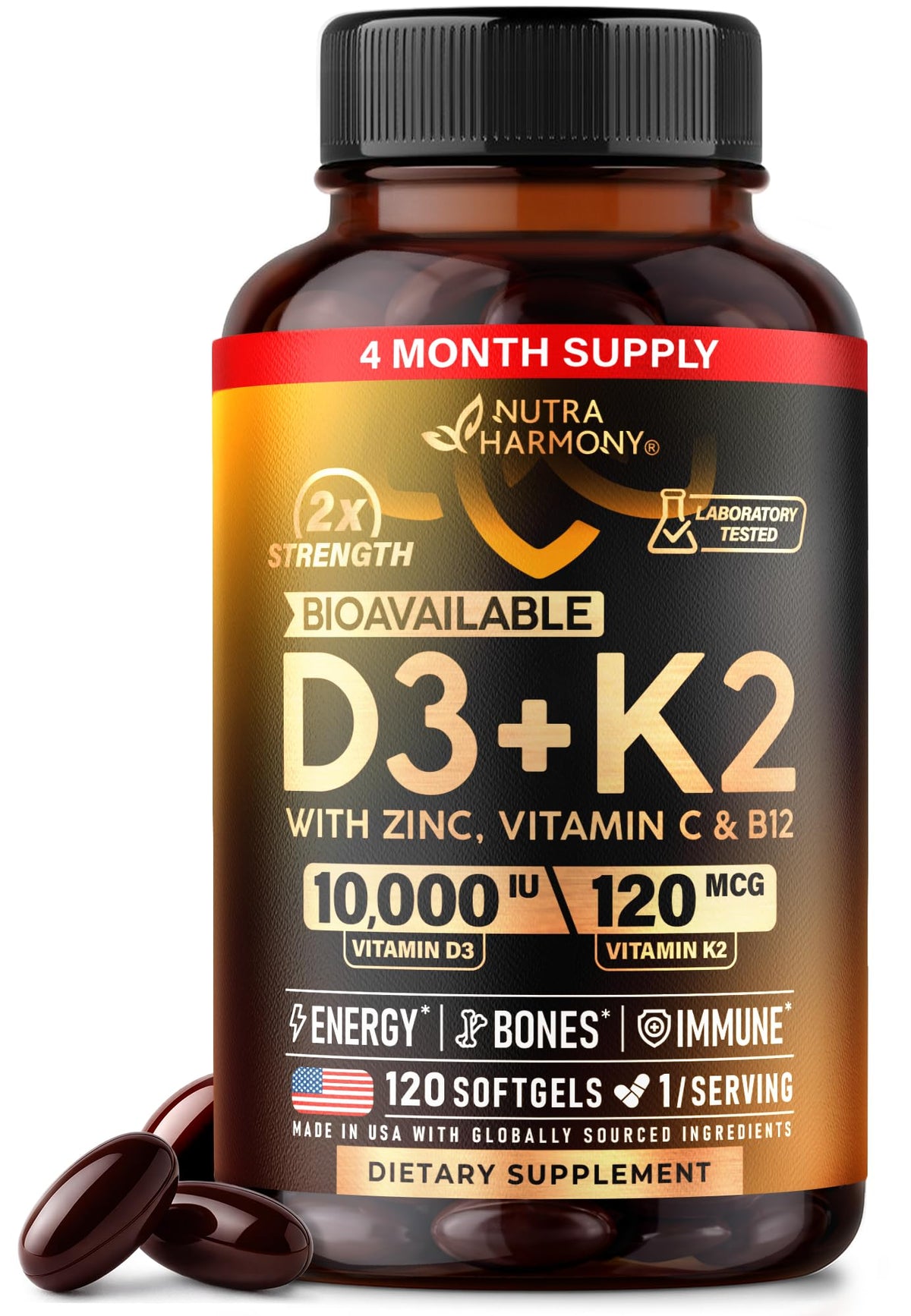 NUTRAHARMONY envase frontal mostrando D3 K2 y dosis alta beneficios claros