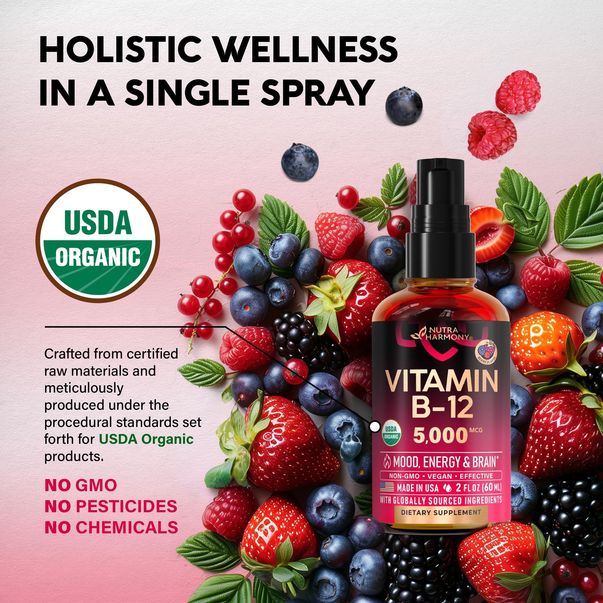 NUTRAHARMONY etiqueta con sello USDA Organic, garantía de ingredientes orgánicos