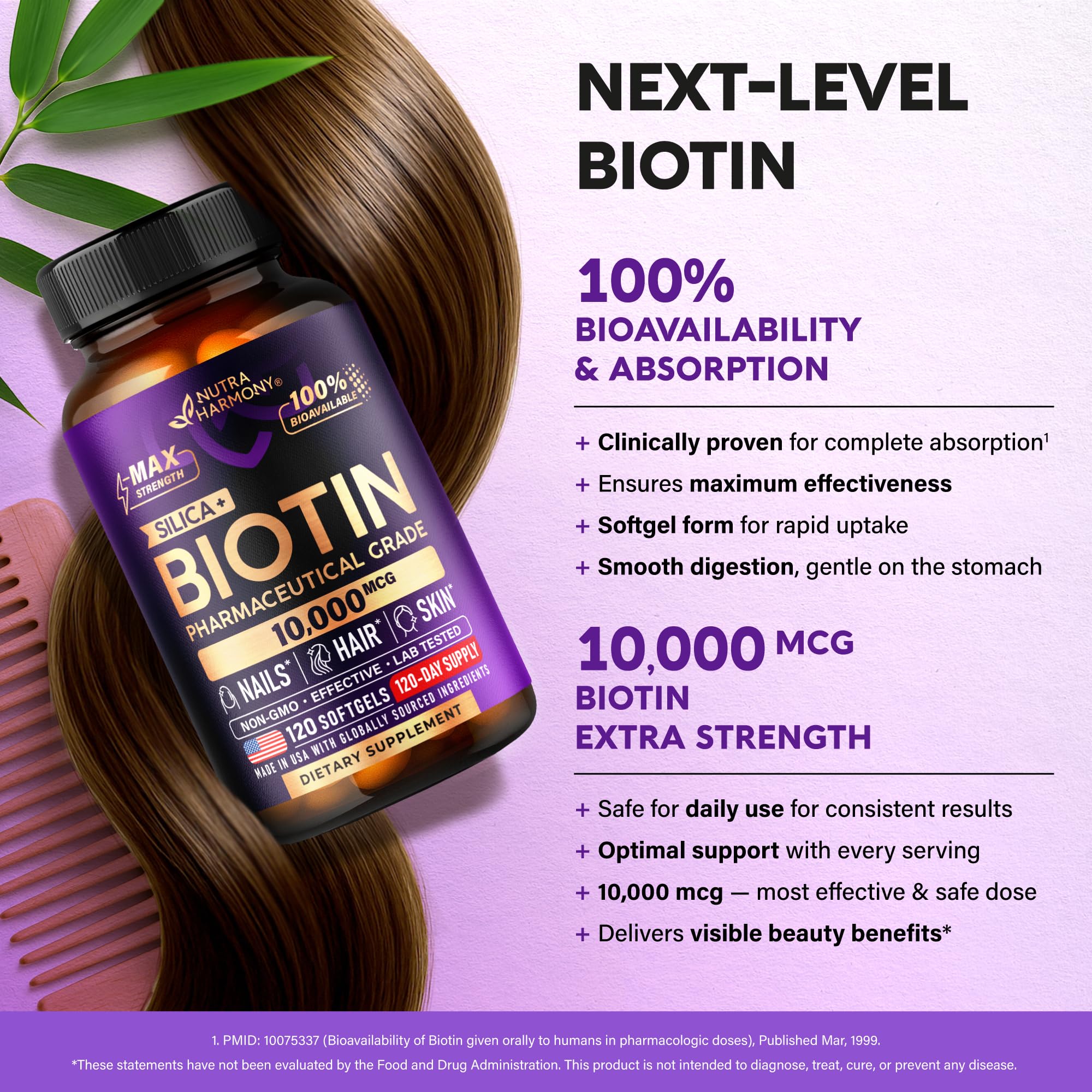 Etiqueta nutricional de NUTRAHARMONY Biotin 10000mcg mostrando dosis y pureza farmacéutica
