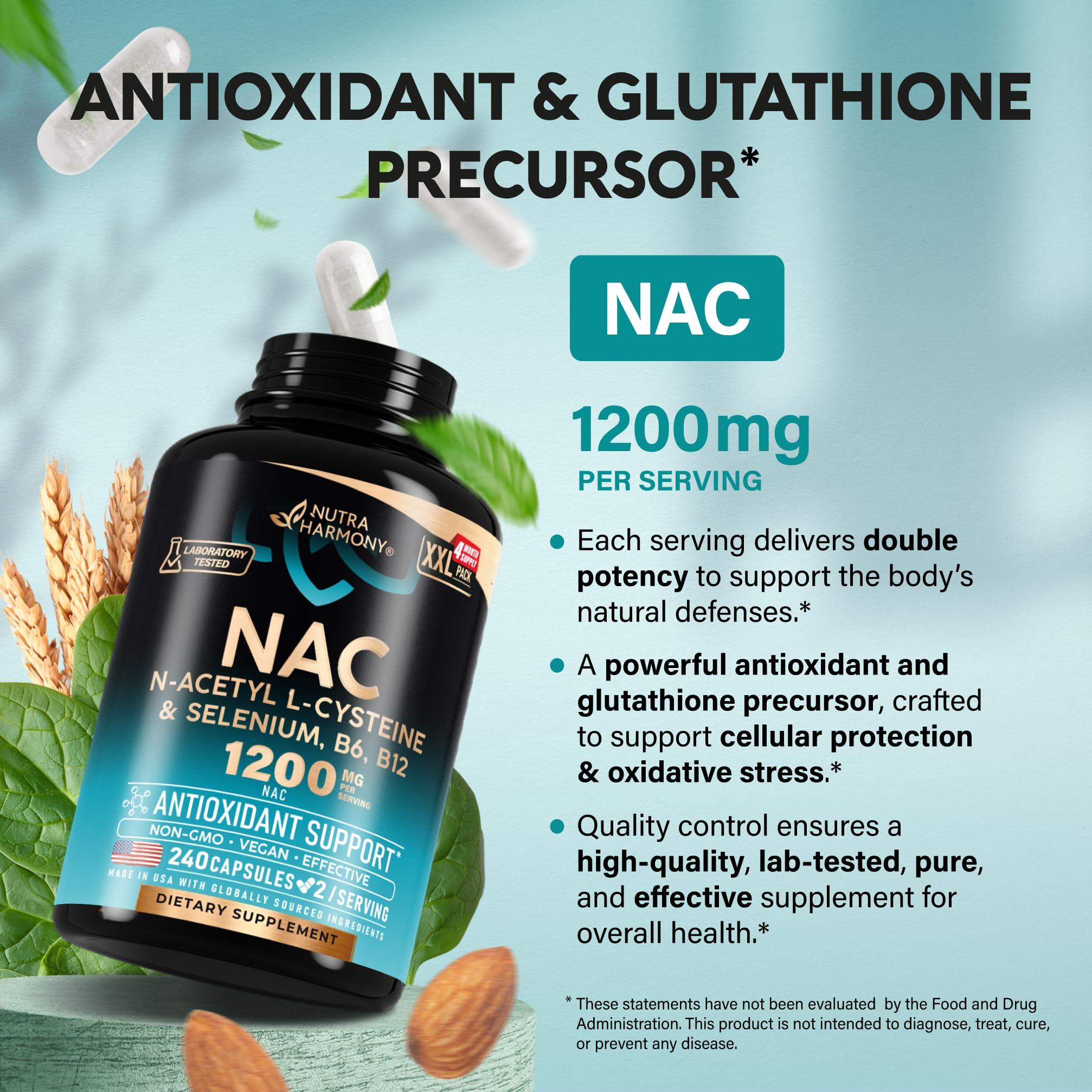 Etiqueta nutricional de NUTRAHARMONY NAC detallada, permite verificar ingredientes y dosis