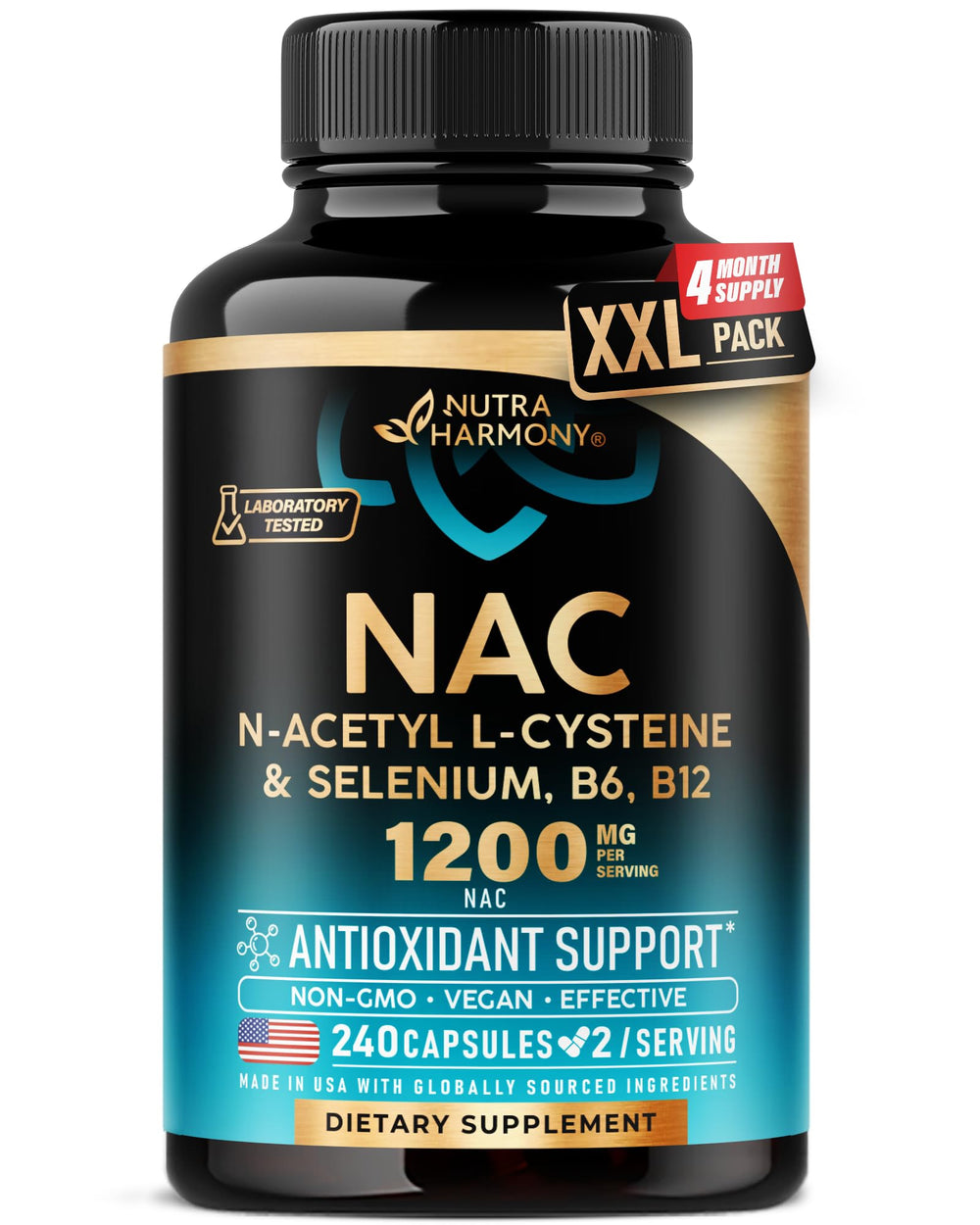 Frasco de NUTRAHARMONY NAC 1200 mg visto al frente, presentación clara y profesional