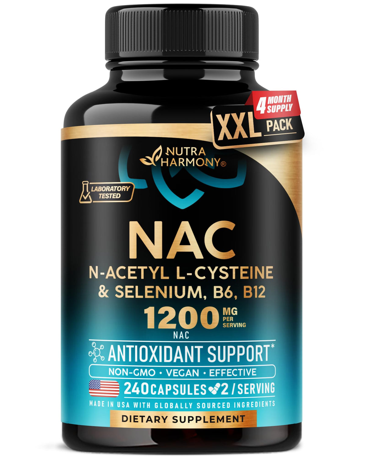 Frasco de NUTRAHARMONY NAC 1200 mg visto al frente, presentación clara y profesional