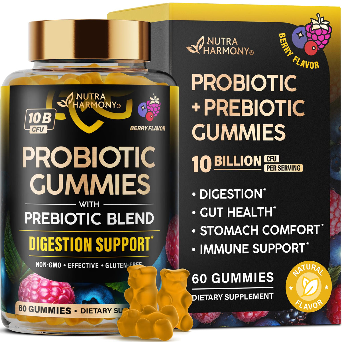 NUTRAHARMONY frasco frontal mostrando 60 gomitas y beneficio digestivo