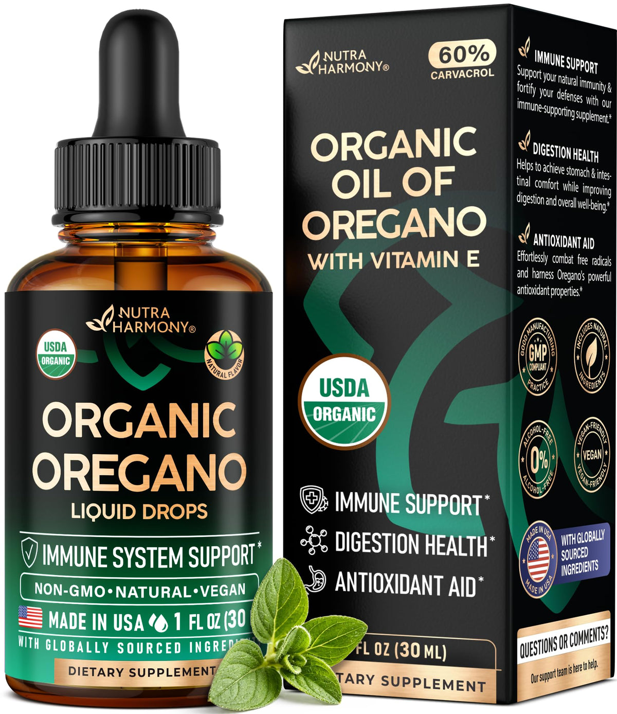 NUTRAHARMONY frasco frontal mostrando etiqueta y certificación USDA, confianza y pureza