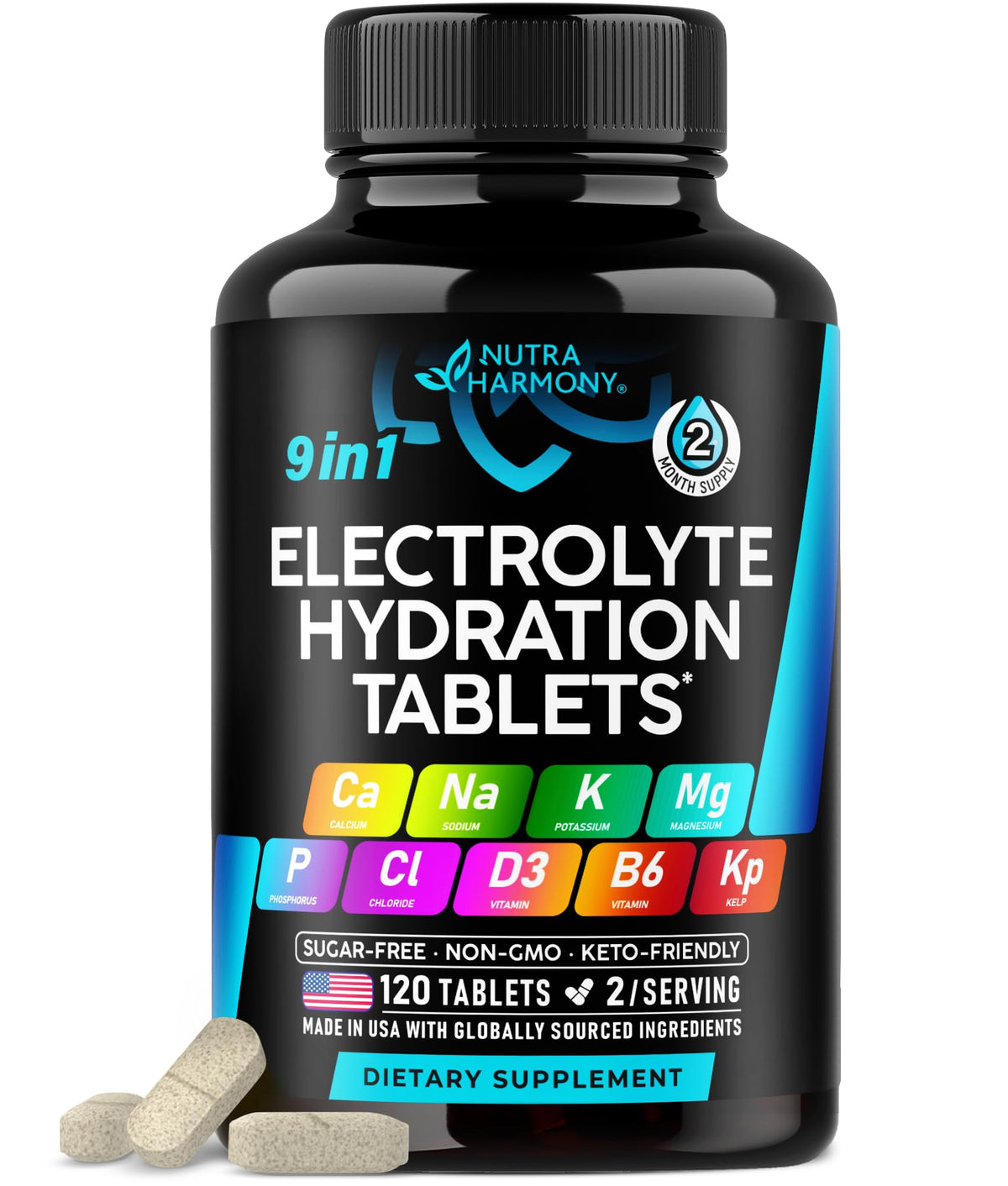 NUTRAHARMONY frente del envase mostrando 120 comprimidos y beneficios
