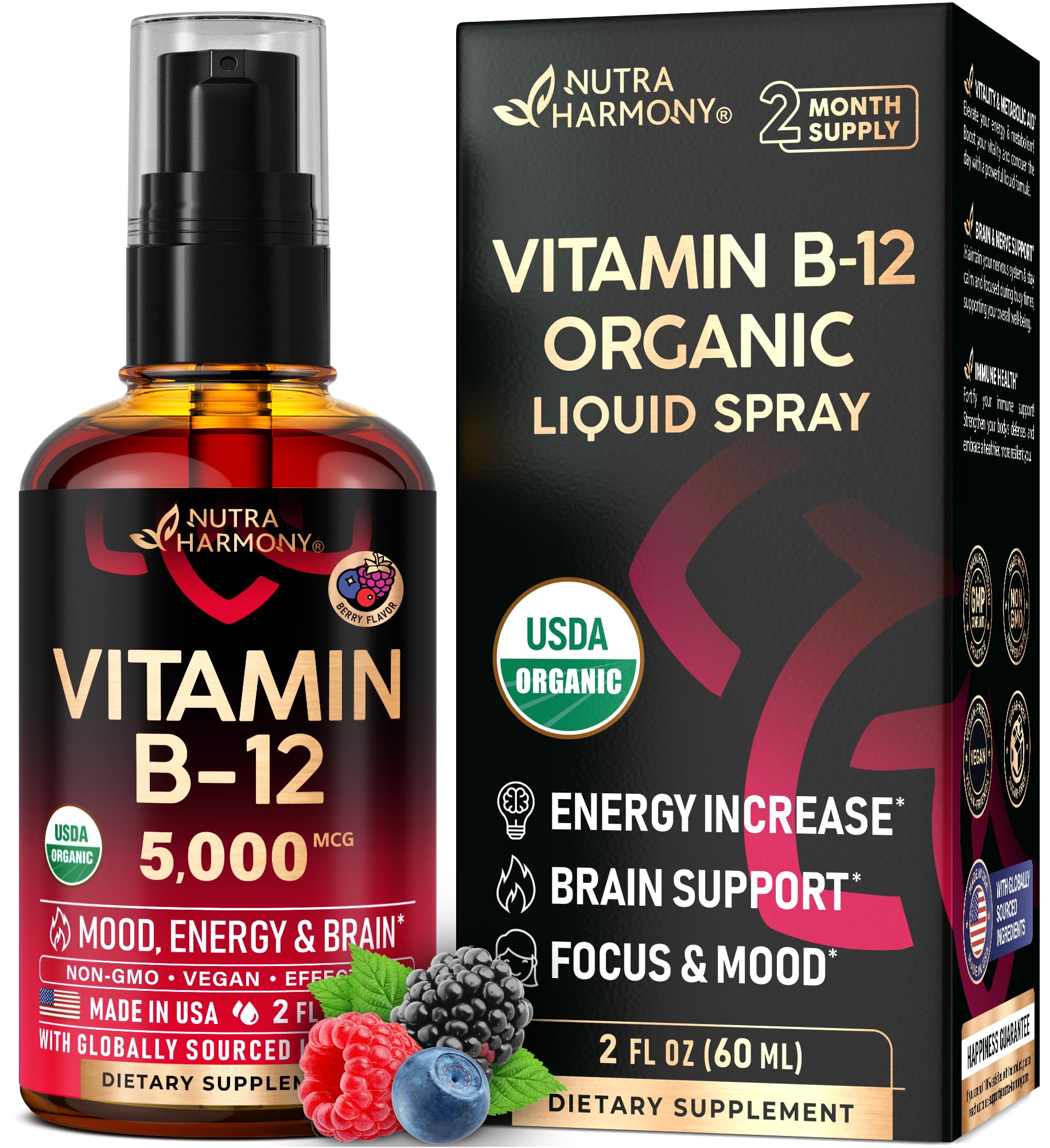 NUTRAHARMONY frente del envase mostrando 5000 mcg y certificación orgánica, claridad inmediata