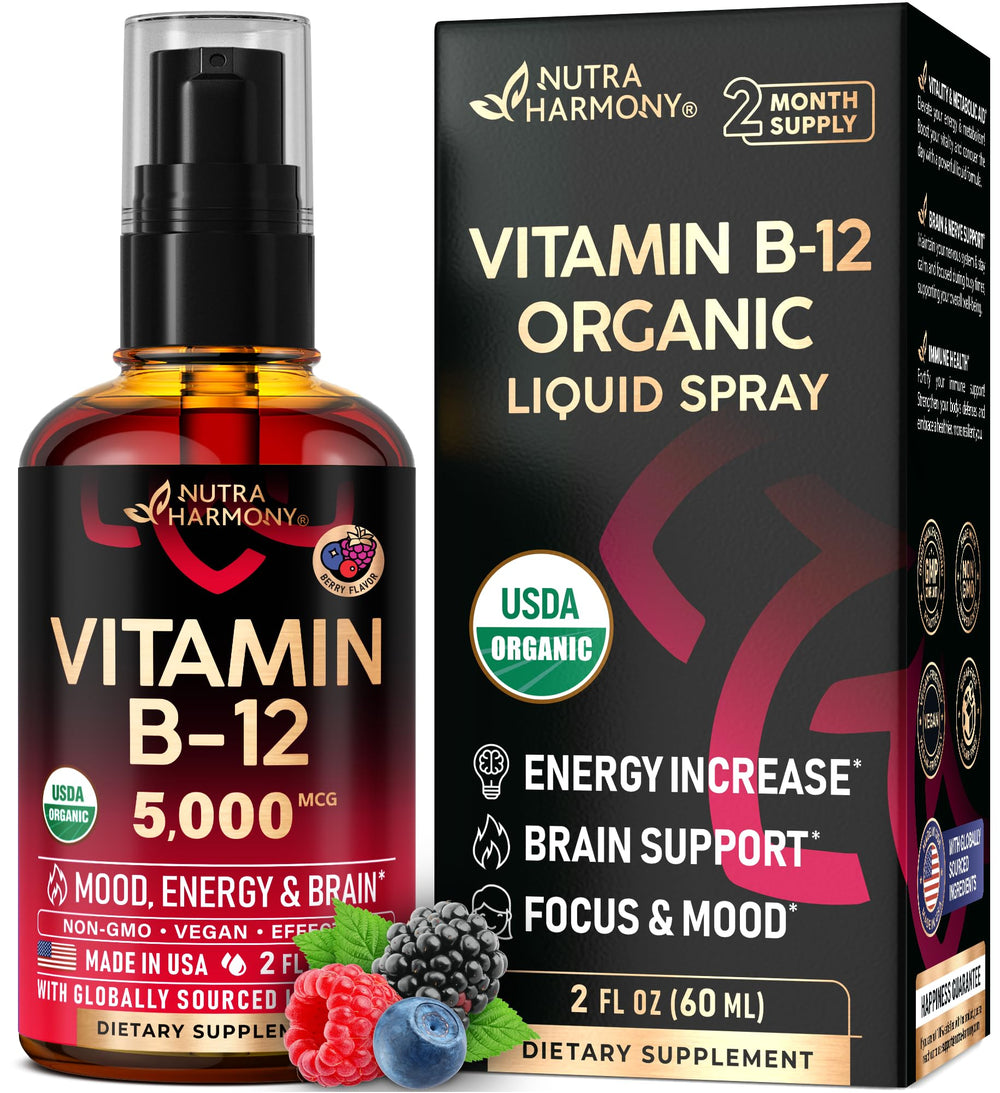 NUTRAHARMONY frente del envase mostrando 5000 mcg y certificación orgánica, claridad inmediata