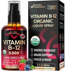 NUTRAHARMONY frente del envase mostrando 5000 mcg y certificación orgánica, claridad inmediata