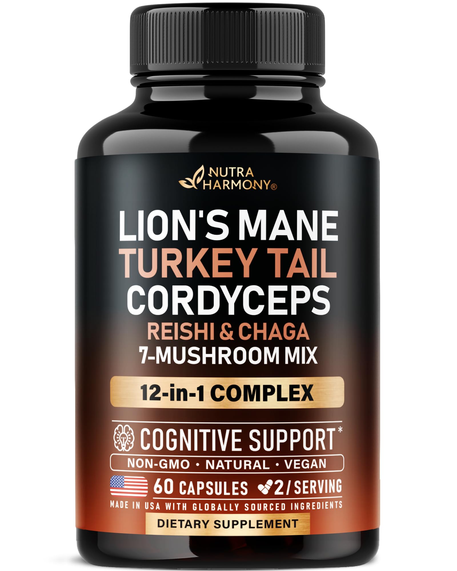 NUTRAHARMONY frente del envase mostrando 12 hongos, descripción clara del producto