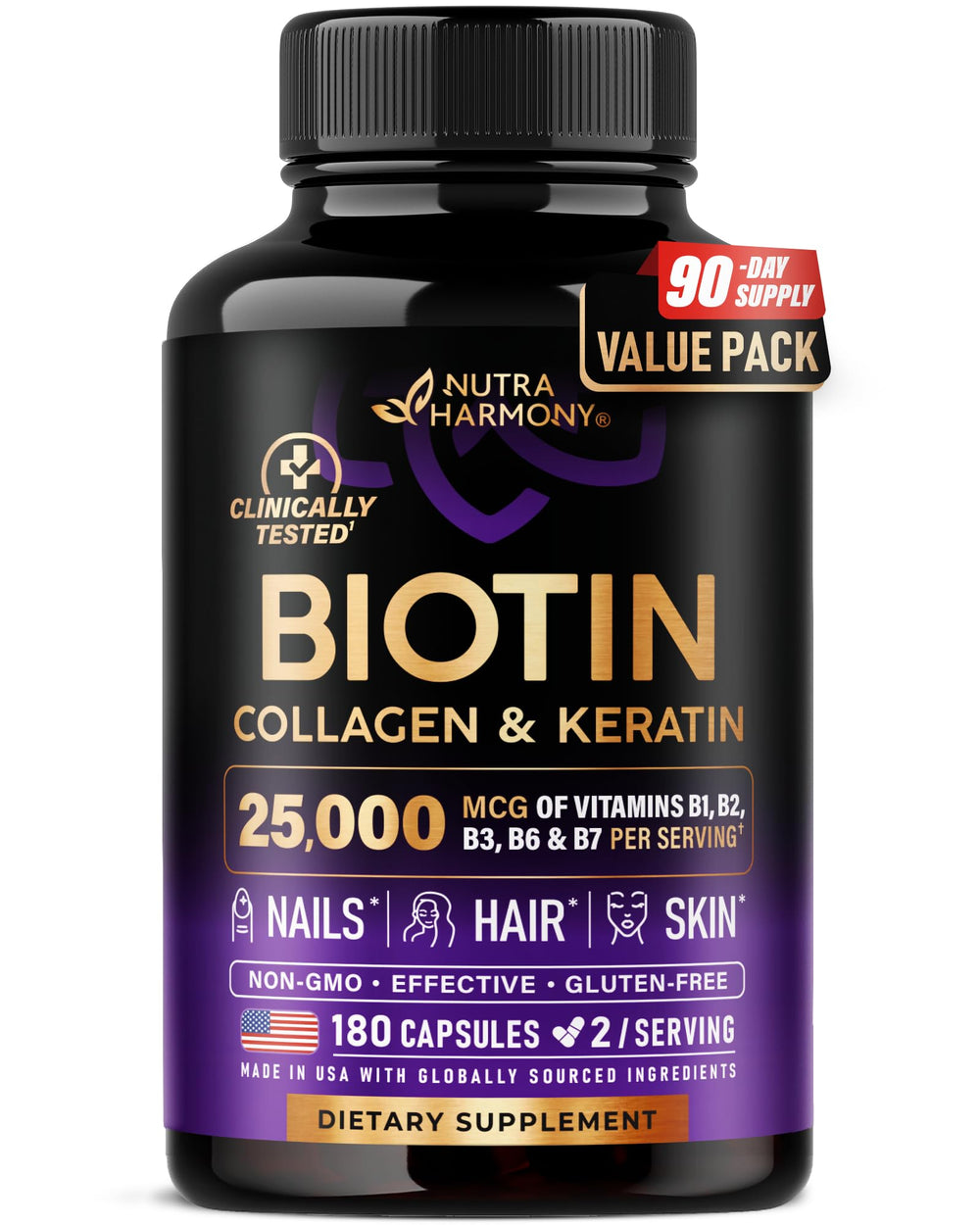 NUTRAHARMONY empaque frontal mostrando 180 cápsulas y beneficios