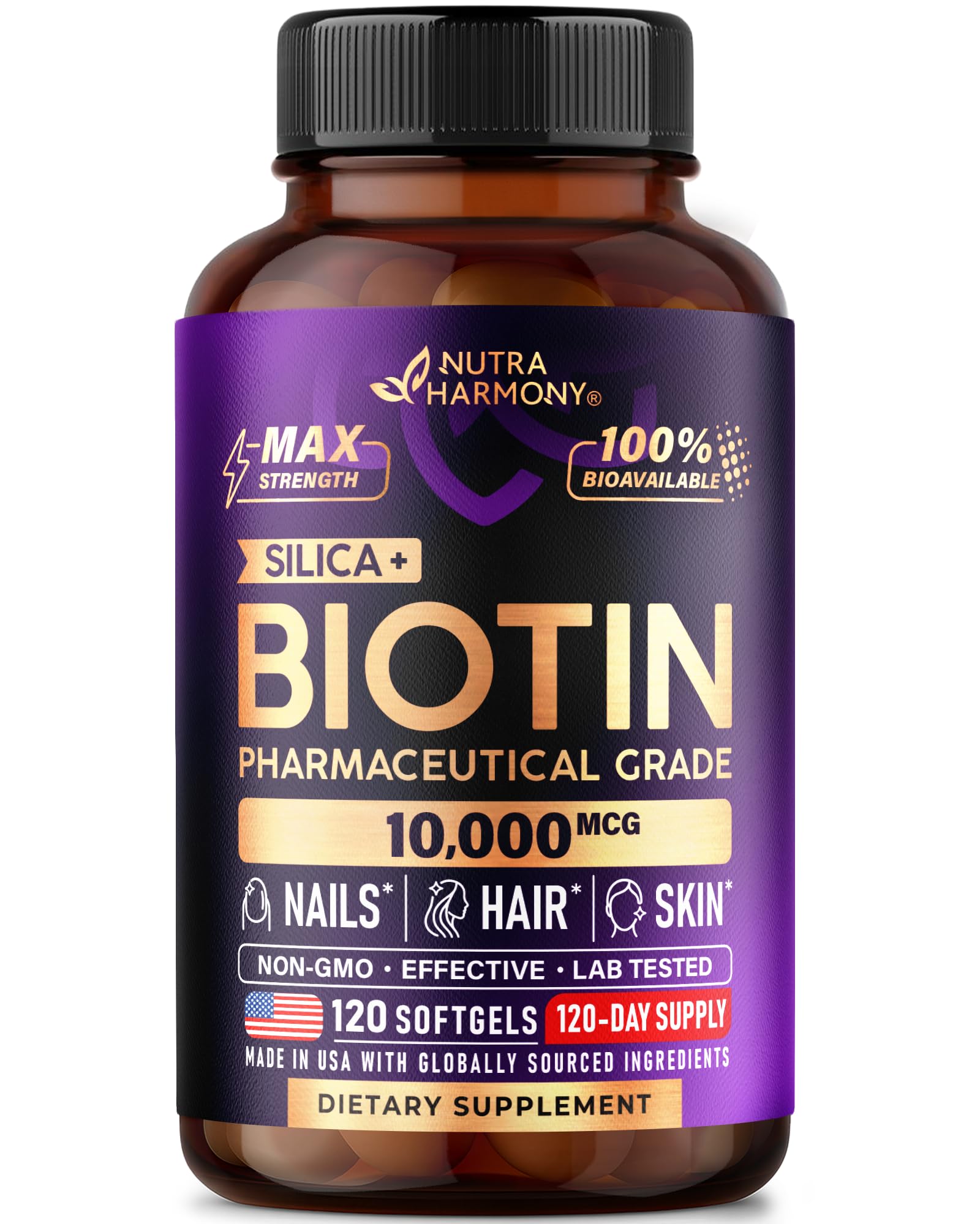 Envase frontal NUTRAHARMONY Biotin 10000mcg mostrando etiquetado claro y beneficio estético