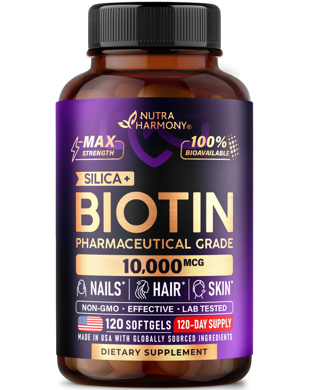 Envase frontal NUTRAHARMONY Biotin 10000mcg mostrando etiquetado claro y beneficio estético