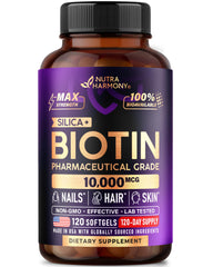 Envase frontal NUTRAHARMONY Biotin 10000mcg mostrando etiquetado claro y beneficio estético