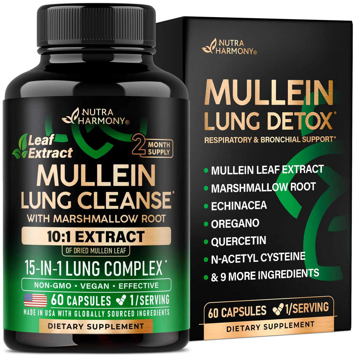 NUTRAHARMONY envase frontal de Mullein Lung Detox que muestra etiqueta y beneficios