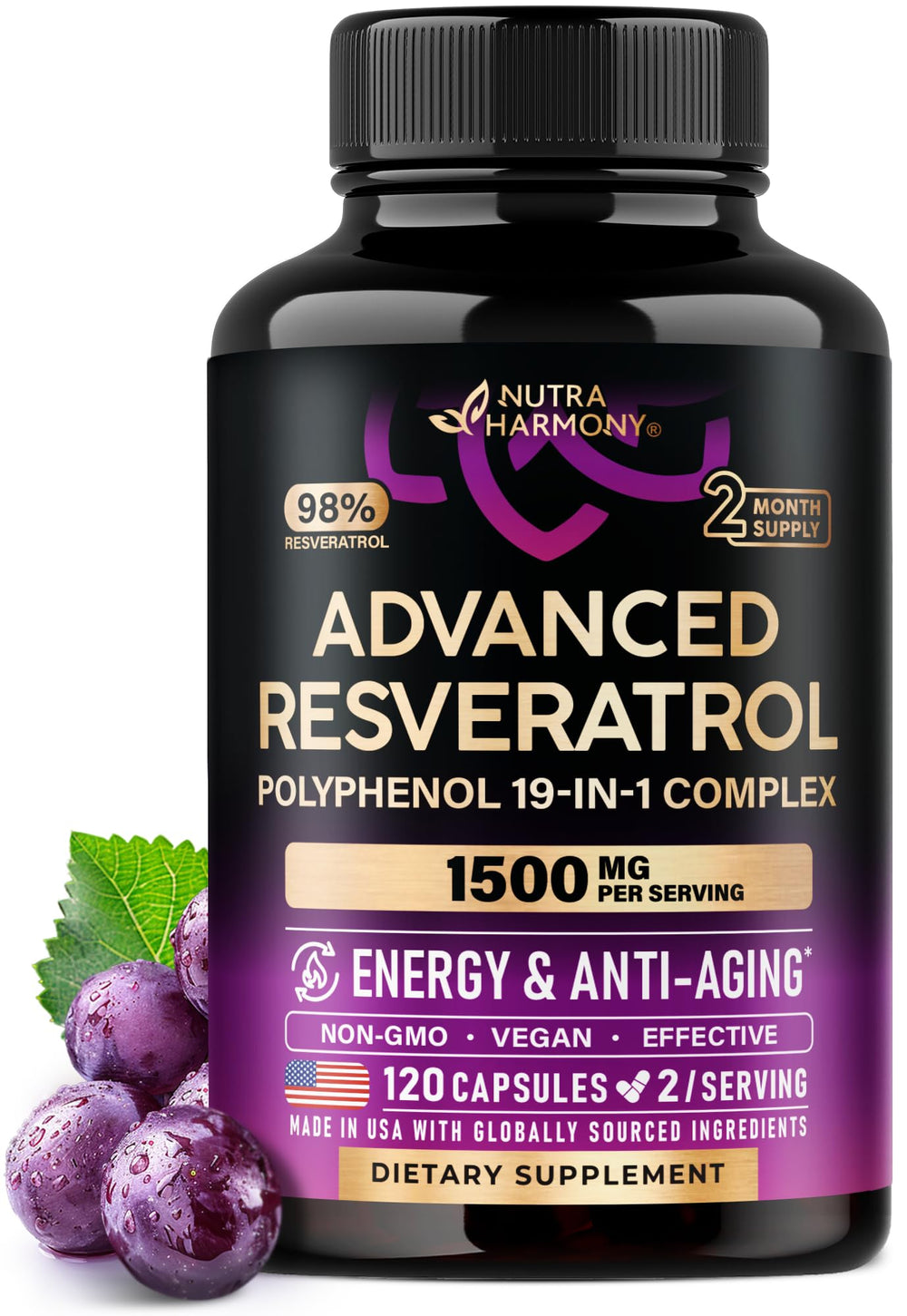NUTRAHARMONY frontal del envase mostrando resveratrol y 120 cápsulas, claridad de información