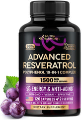 NUTRAHARMONY frontal del envase mostrando resveratrol y 120 cápsulas, claridad de información