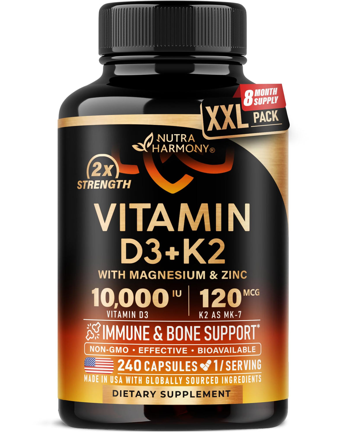 NUTRAHARMONY envase frontal del suplemento, apoya niveles de vitamina D