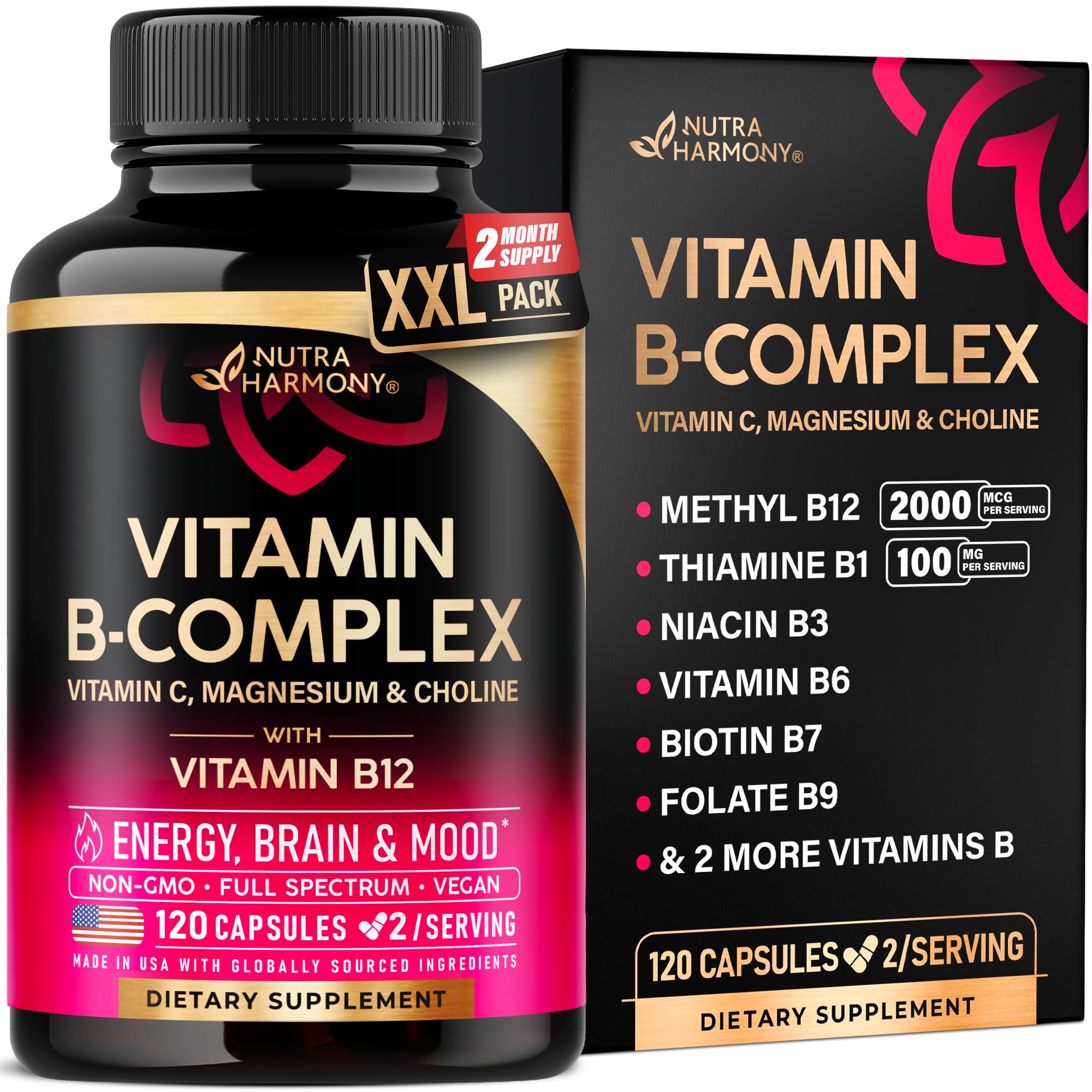 NutraHarmony envase frontal mostrando 120 cápsulas y etiqueta clara, confianza en calidad