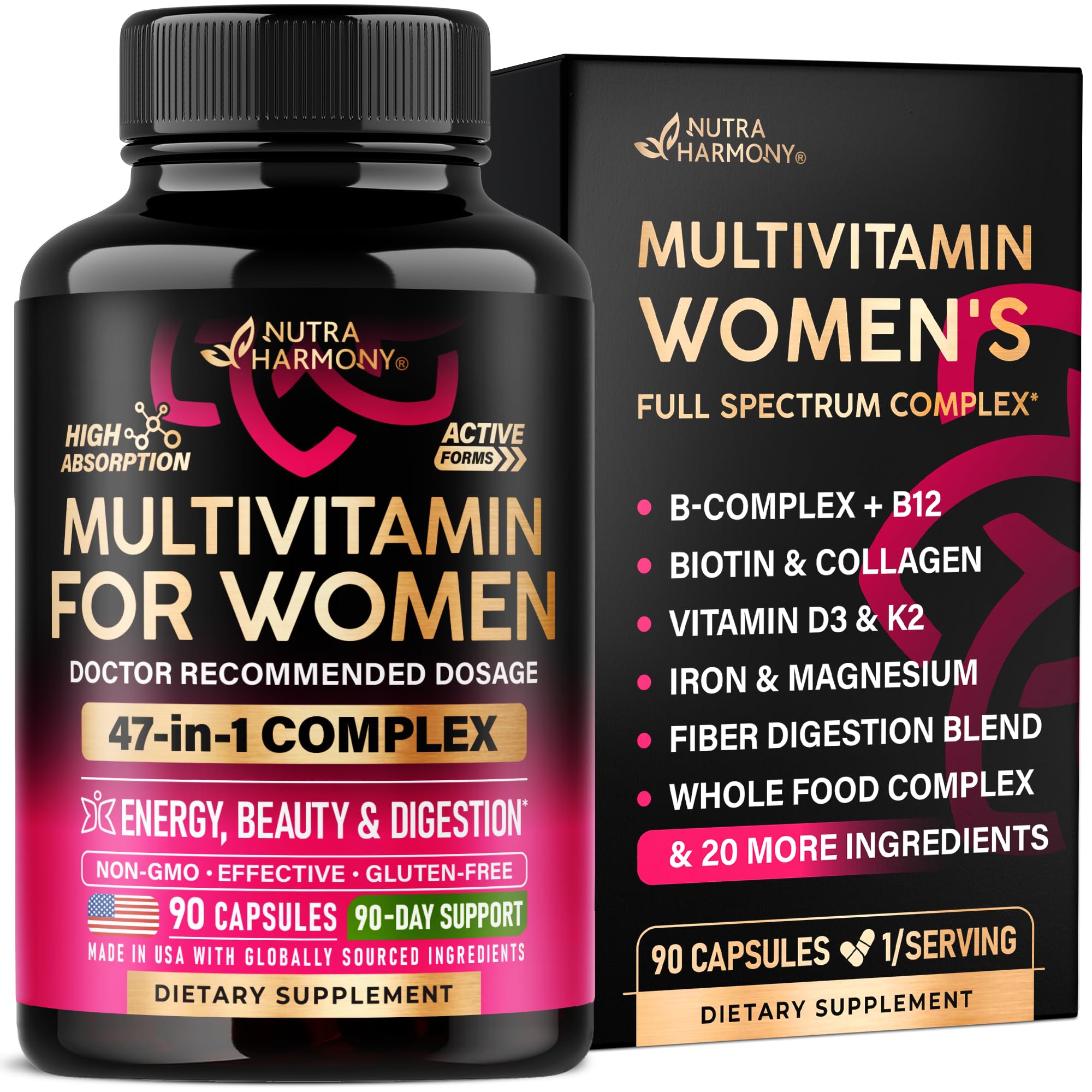 NUTRAHARMONY frontal del envase mostrando multivitaminas para mujer y conveniencia diaria