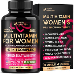 NUTRAHARMONY frontal del envase mostrando multivitaminas para mujer y conveniencia diaria
