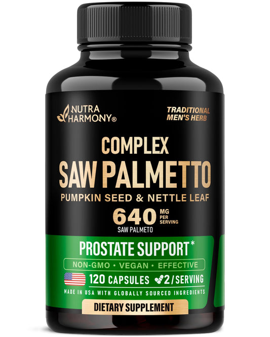 NUTRAHARMONY envase frontal de Saw Palmetto 640 mg ofreciendo confianza de marca