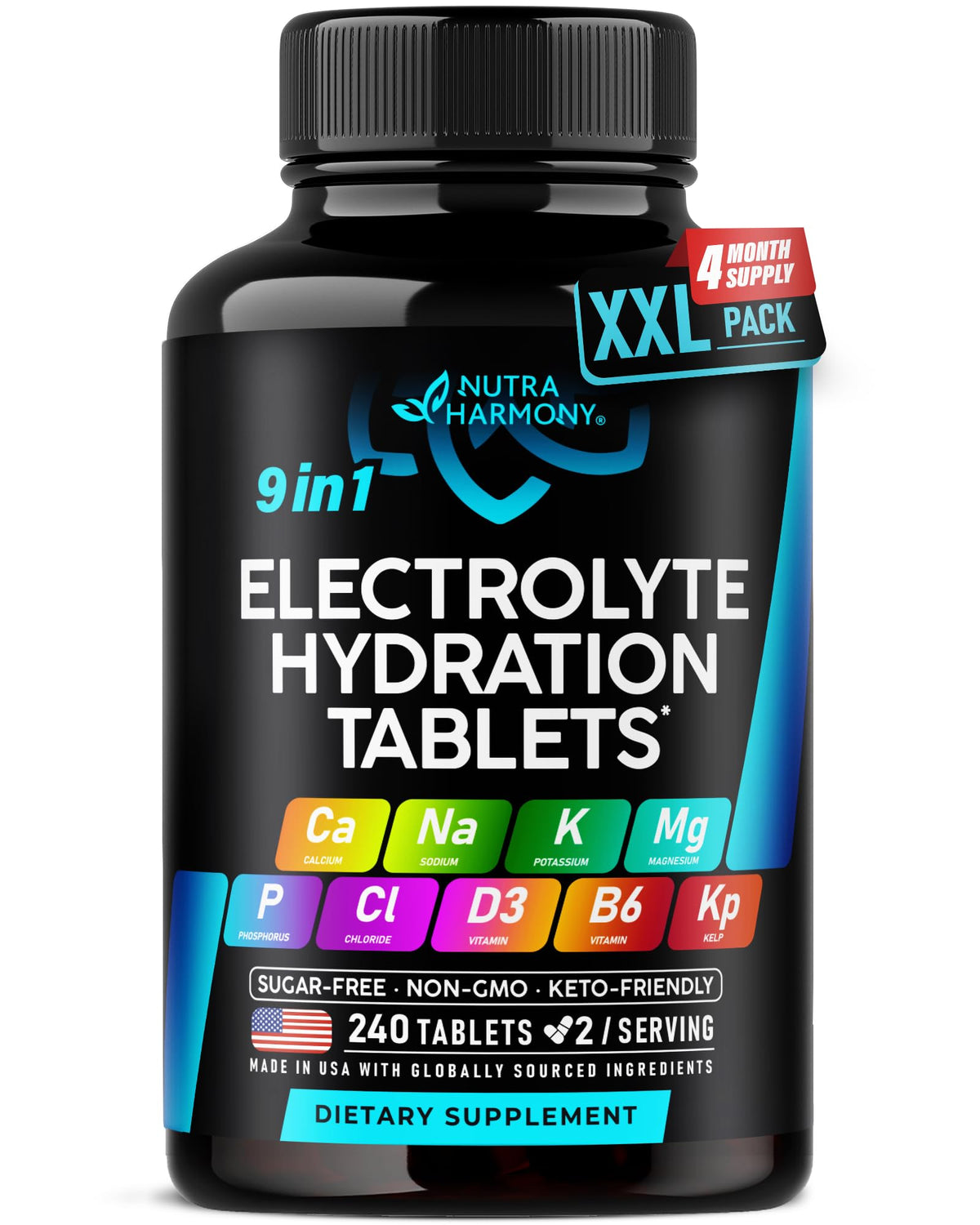 NUTRAHARMONY envase frontal mostrando 240 tabletas para hidratación rápida