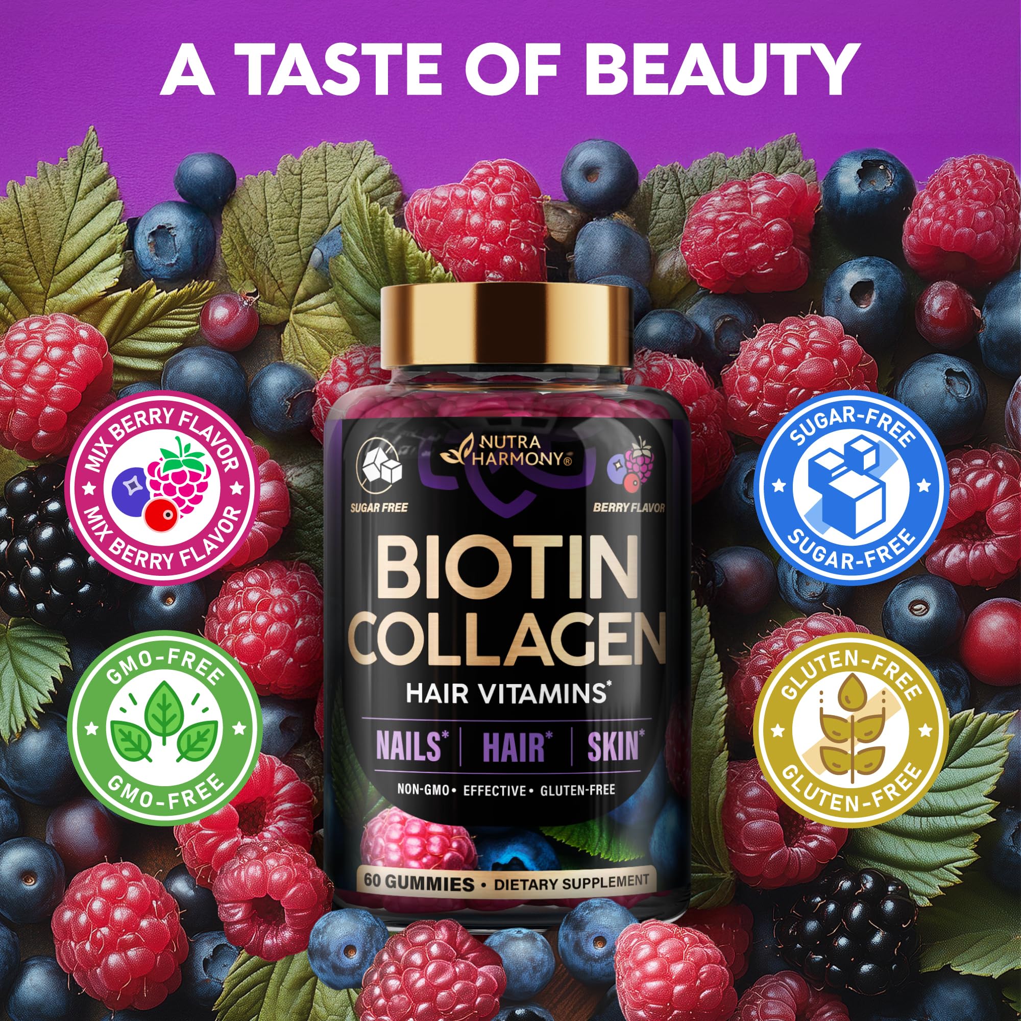 NUTRAHARMONY gominolas sobre fondo berry refleja sabor natural