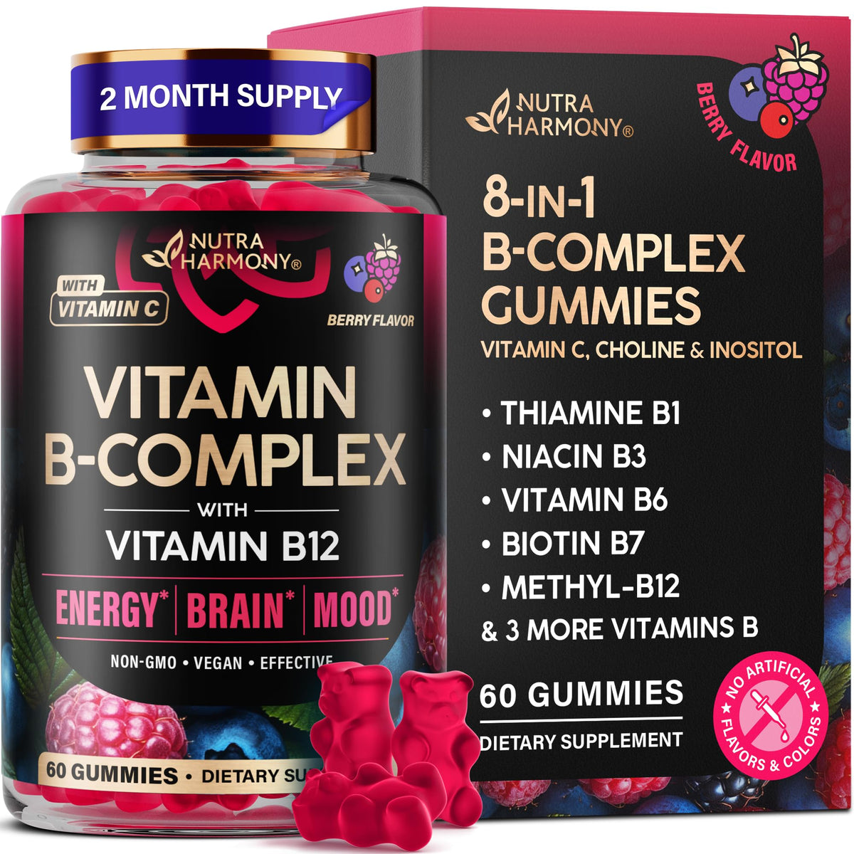 NUTRAHARMONY frasco frontal gomitas B-Complex, visión clara y confianza