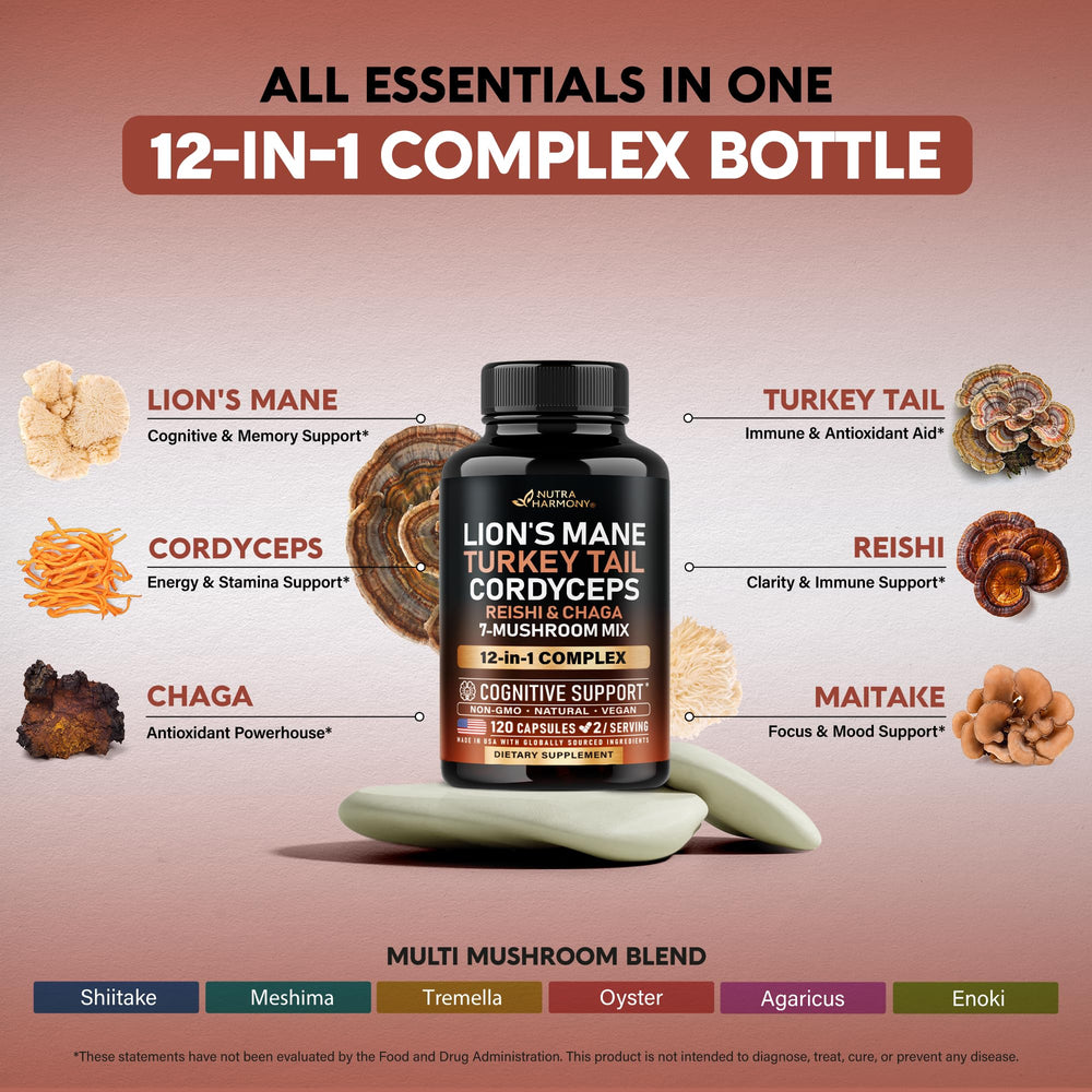 NUTRAHARMONY montaje de los 12 hongos incluidos resaltando variedad