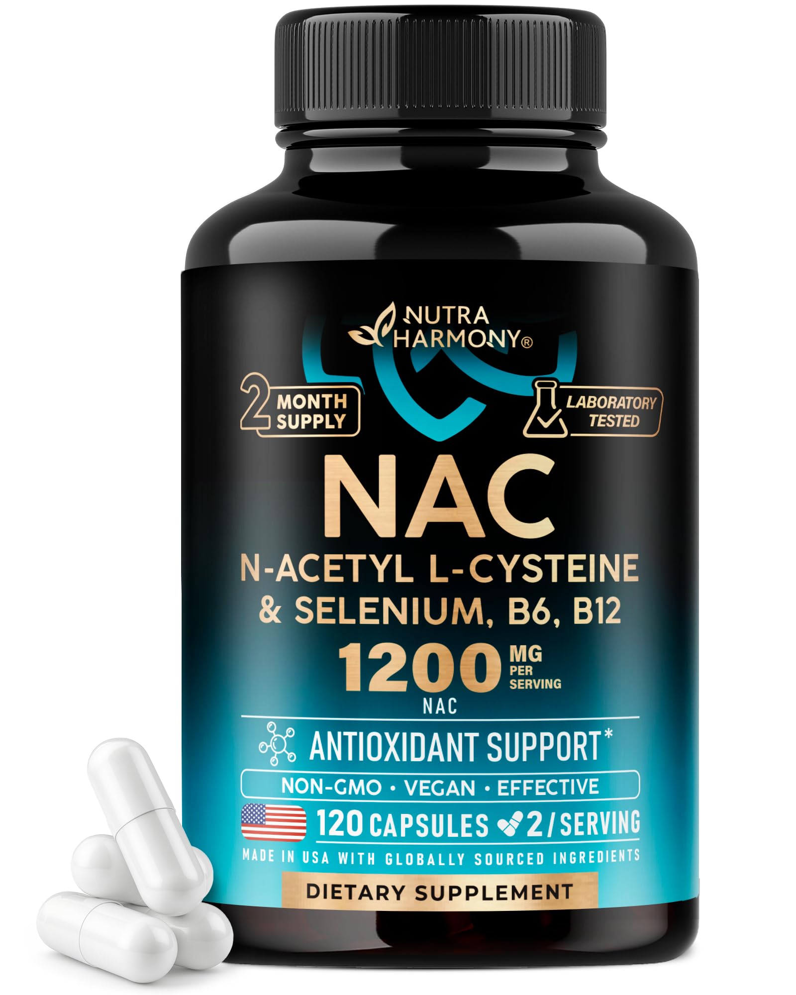 NUTRAHARMONY frasco frontal mostrando 120 cápsulas y etiqueta clara