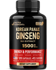 NUTRAHARMONY frasco frontal del Panax Ginseng mostrando etiqueta clara y beneficio energía