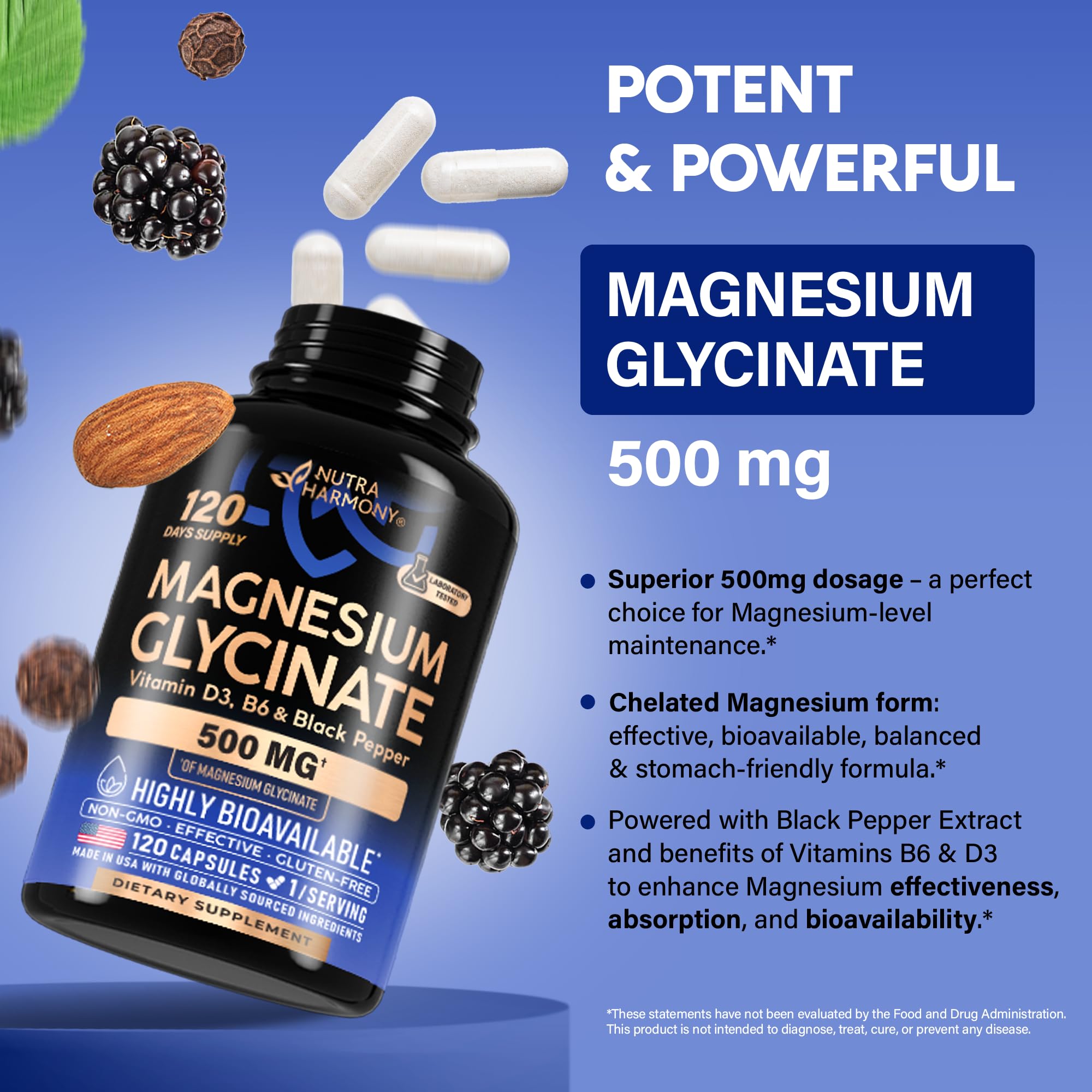 NUTRAHARMONY textura en polvo del magnesio glicinato, alta pureza visible