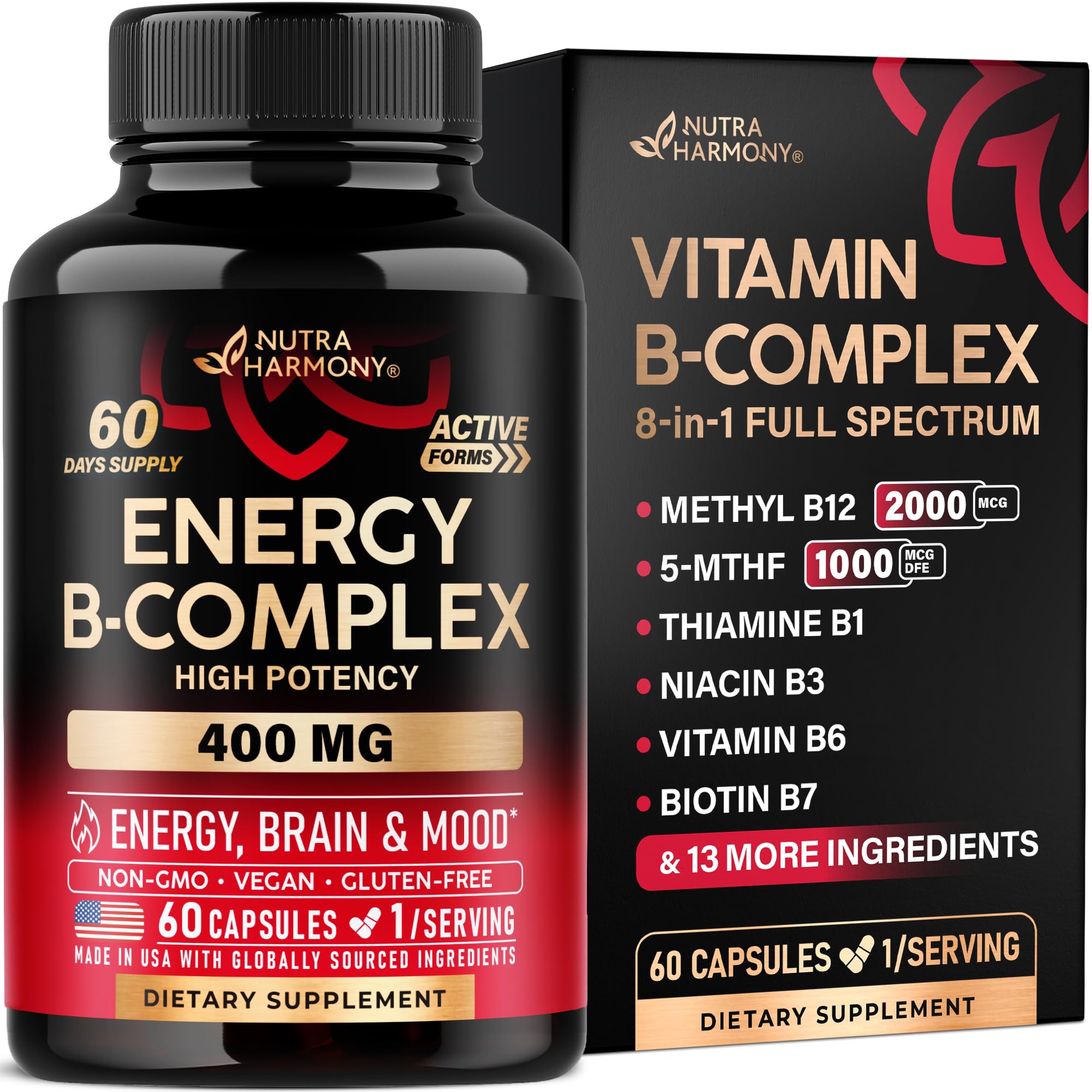NUTRAHARMONY envase frontal del complejo B mostrando etiqueta clara y beneficios