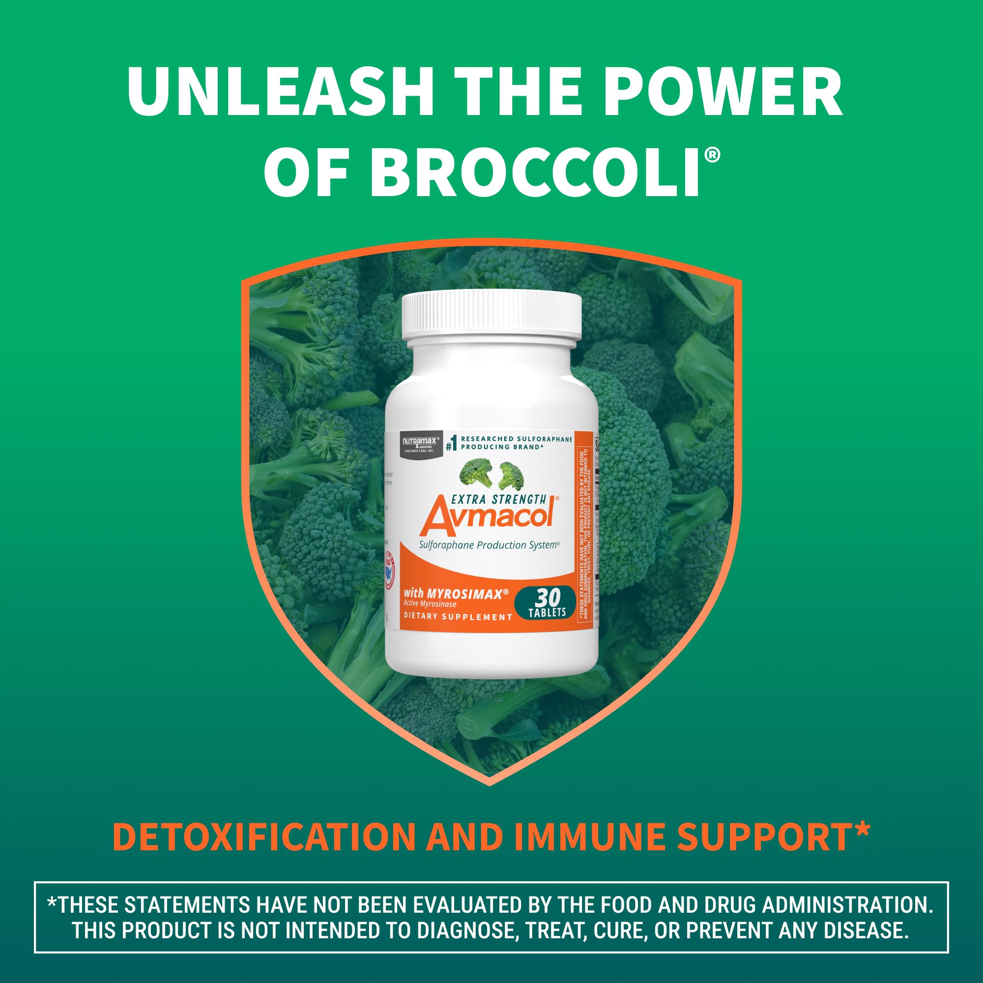 Nutramax Avmacol ingredientes clave: brócoli, moringa y maitake visibles