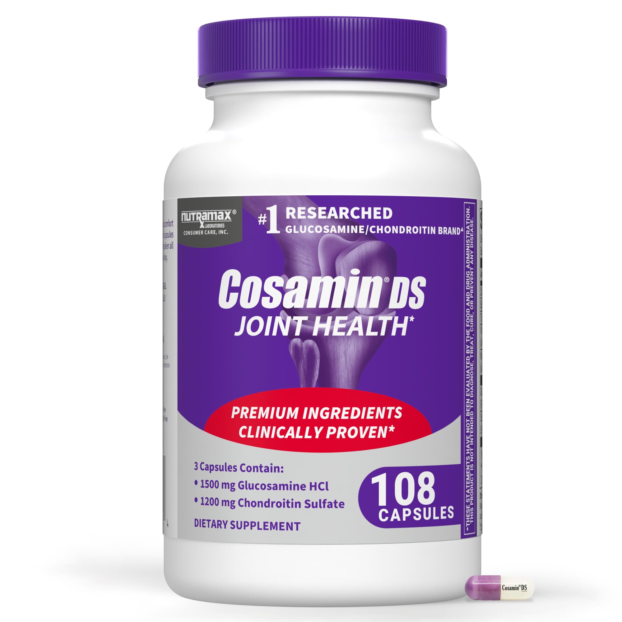 Nutramax Cosamin DS frente del envase mostrando beneficios y tamaño
