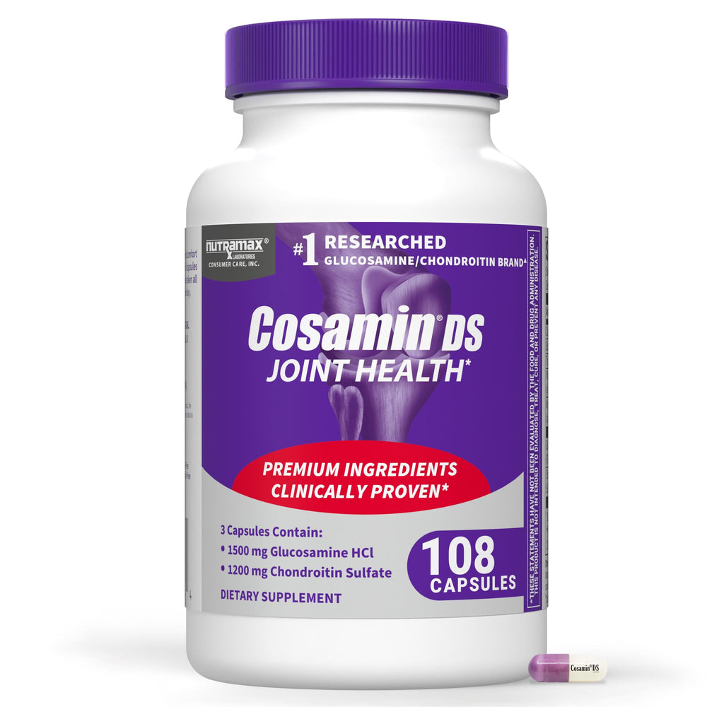 Nutramax Cosamin DS frente del envase mostrando beneficios y tamaño