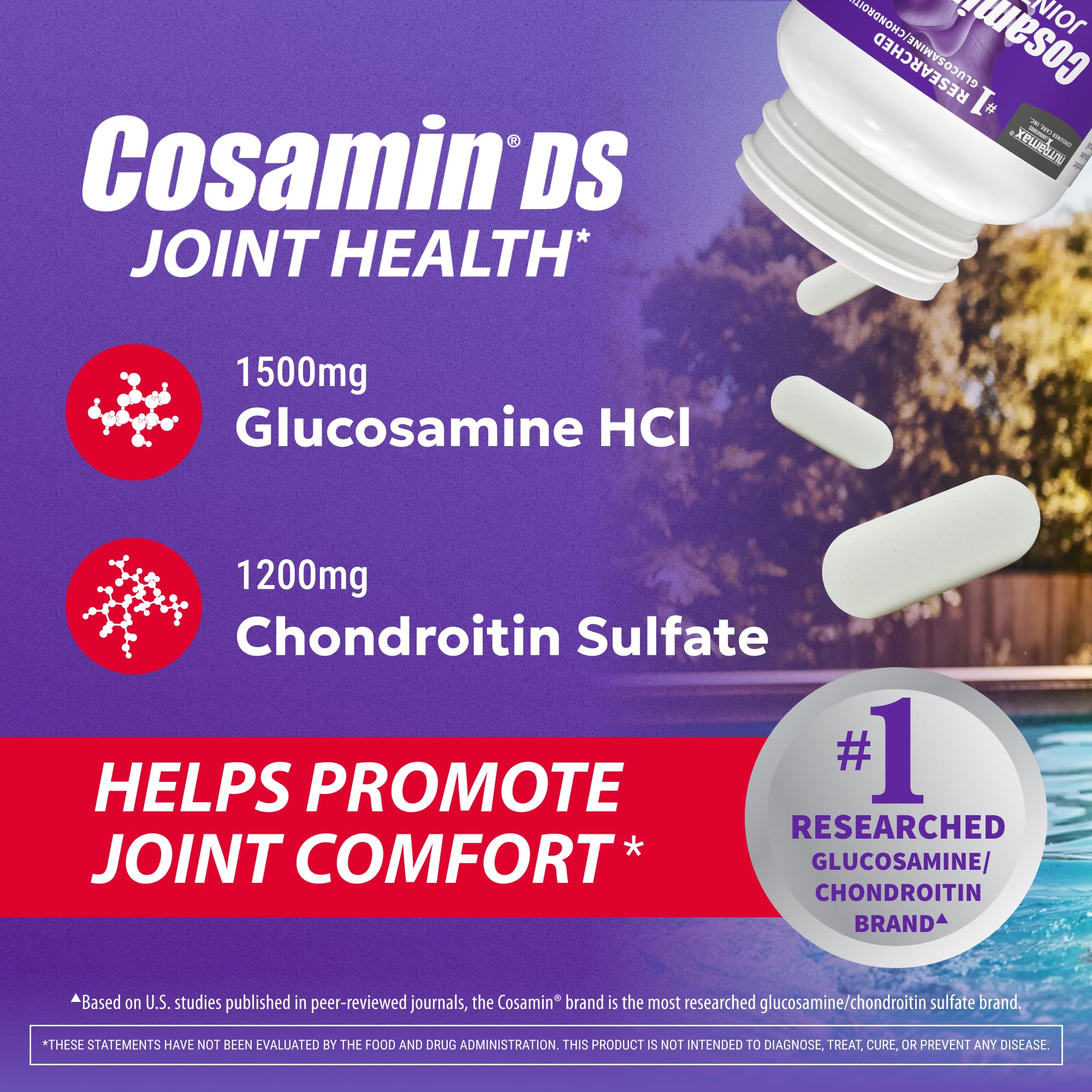 Detalle de la textura de las tabletas Nutramax Cosamin DS indicando calidad y formulación
