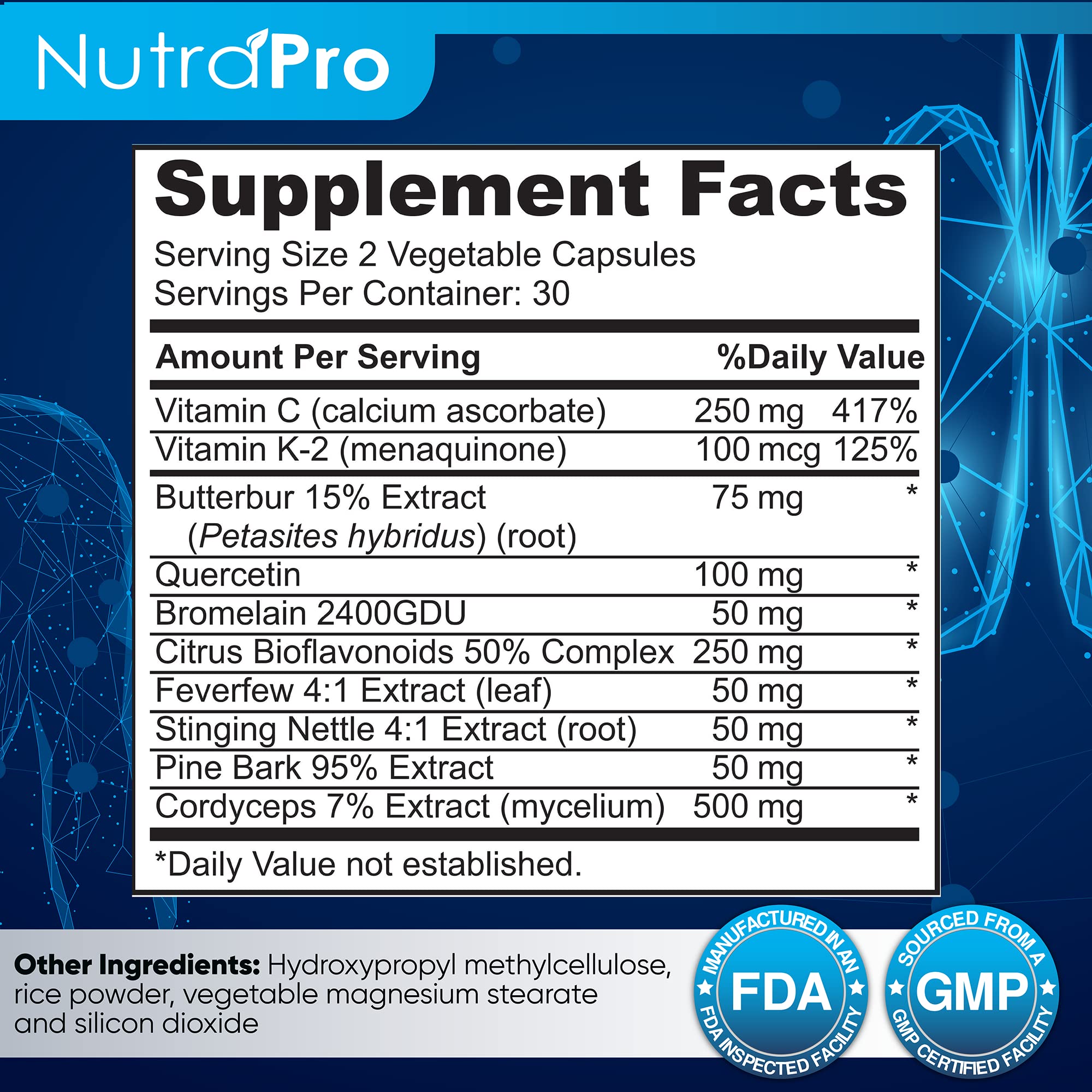 NutraPro White Lung etiqueta nutricional abierta mostrando ingredientes y dosificación