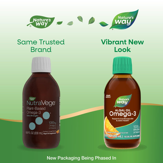 Nature's Way NutraVege etiqueta con información de EPA DHA y purecheck para confianza