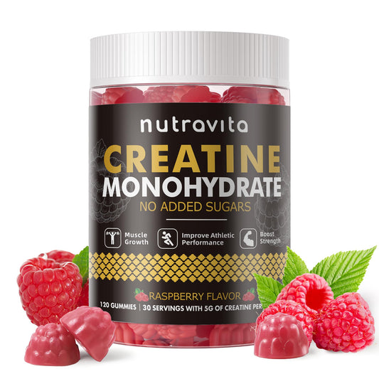 Nutravita Creatina Monohidratada gomitas: botella visible para soporte muscular diario.