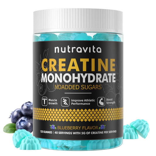 Nutravita Creatine Gummy en botella, 120 gomitas, ideal para uso diario.