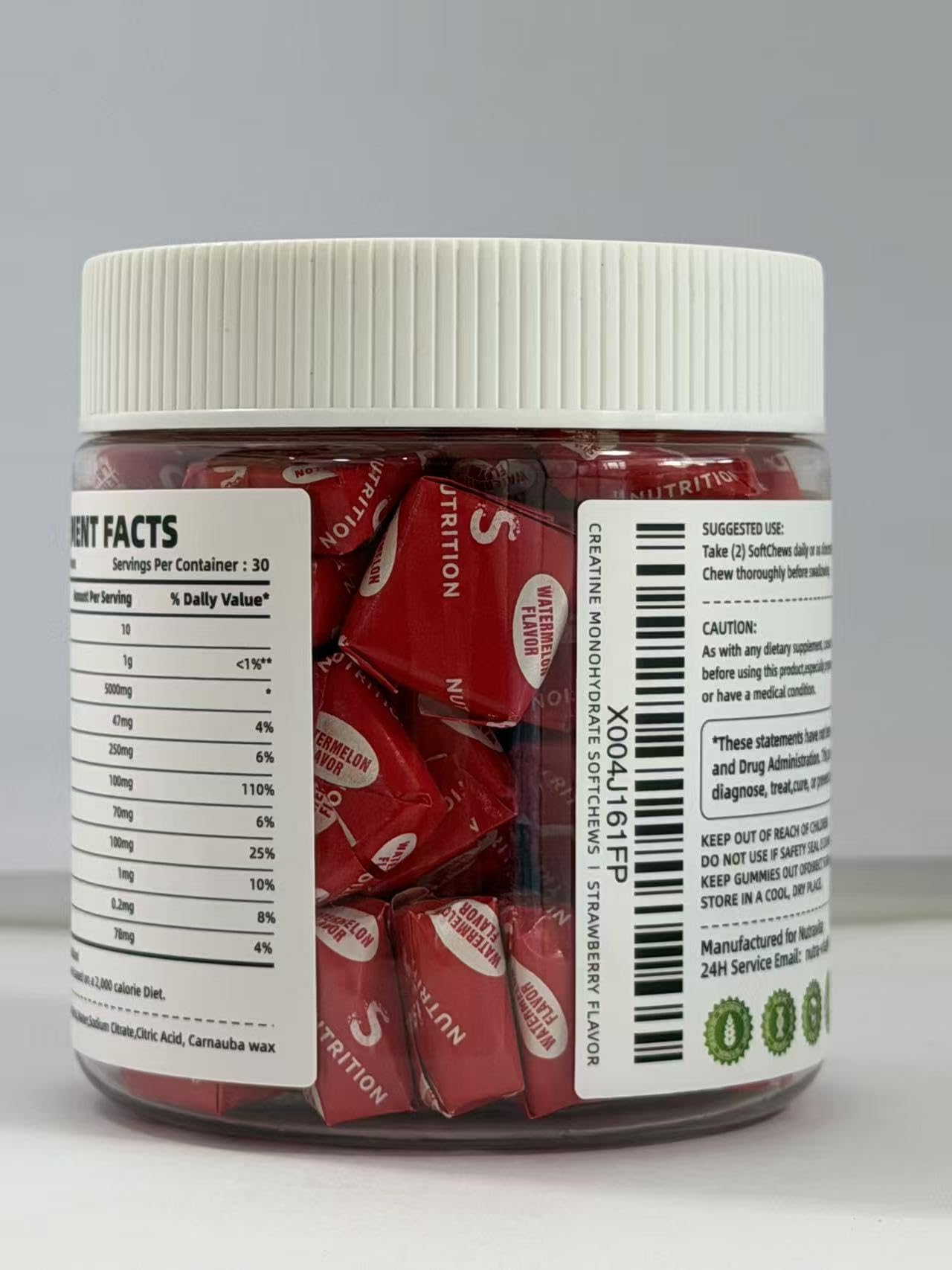 Creatine Monohydrate Chews de NUTRAVITA, textura agradable para consumo diario.