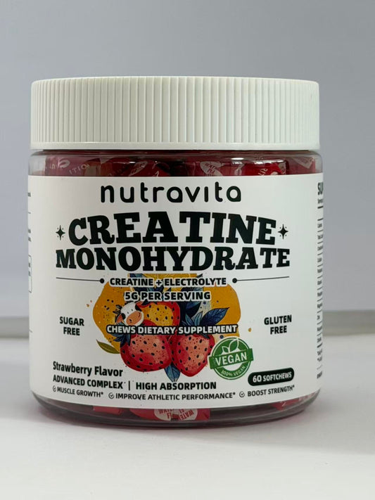 NUTRAVITA Creatine Monohydrate Chews sabor fresa, lista para energizar entrenamientos.