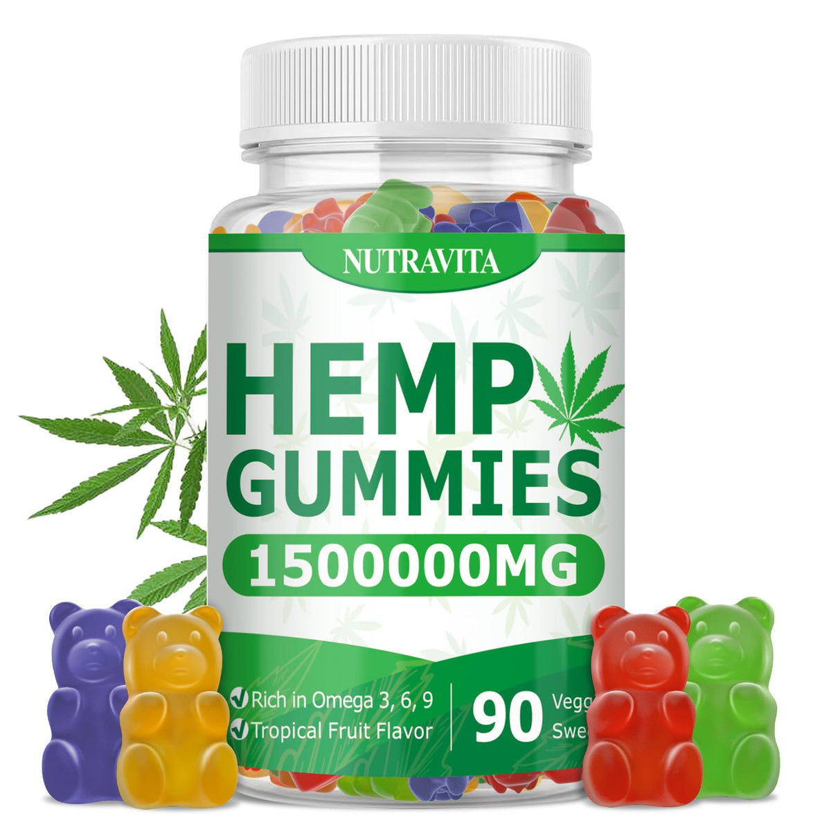 Nutravita envase frontal mostrando 90 gomitas y beneficio conveniencia